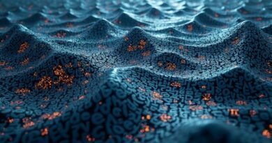 Cyfrowy ocean: organiczne ludzkie słowa kontra metaliczne fale z "delve" i "tapestry", ciemnoniebieska i srebrna paleta.