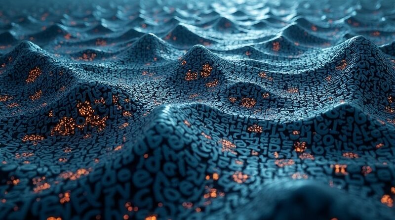 Cyfrowy ocean: organiczne ludzkie słowa kontra metaliczne fale z "delve" i "tapestry", ciemnoniebieska i srebrna paleta.
