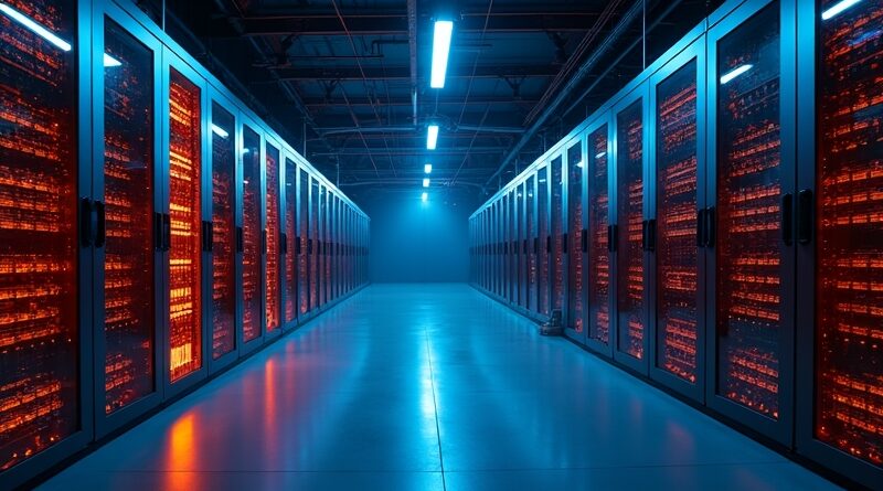 Stare koparki Bitcoin i nowe serwery AI w chłodnym niebieskim i neonowym pomarańczowym świetle.