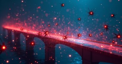 Świecący most Bitcoin pęka pod rojem mechanicznych insektów AI, pęknięty kod krwawi w błękicie i czerwieni.