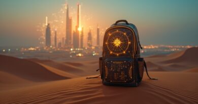 Świecący plecak z AI na pustyni, futurystyczna Doha z holograficznymi danymi.