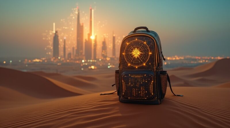 Świecący plecak z AI na pustyni, futurystyczna Doha z holograficznymi danymi.