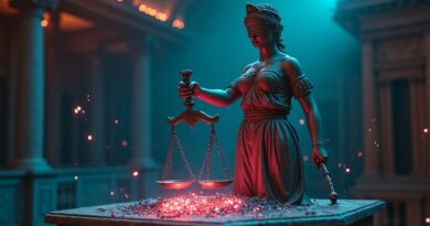 Lady Justice z młotkiem nad rozbitym chipem AI w cyberpunkowej sali sądowej.