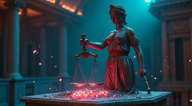 Lady Justice z młotkiem nad rozbitym chipem AI w cyberpunkowej sali sądowej.