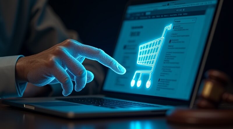 Futurystyczna cyfrowa dłoń z niebieskiego światła umieszcza koszyk na Amazonie, obok drewniany młotek