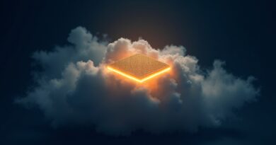 Złoty chip unosi się nad rozpuszczającą chmurą, błękitne tło, cyberpunk.