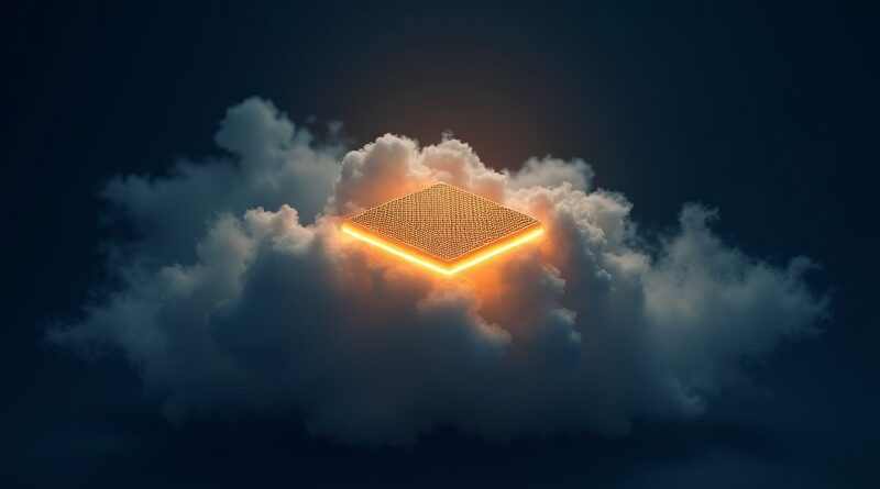 Złoty chip unosi się nad rozpuszczającą chmurą, błękitne tło, cyberpunk.
