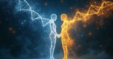 Dwie świetliste postacie rozchodzą się na rozdrożu w sieci neuronowej, jedna w gwiazdozbiór, druga w helisę DNA.
