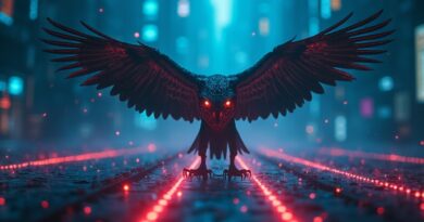 Cyfrowy krajobraz z unoszącymi się jastrzębimi oczami, neonowymi smugami w błękicie i czerwieni.