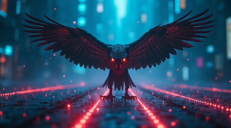 Cyfrowy krajobraz z unoszącymi się jastrzębimi oczami, neonowymi smugami w błękicie i czerwieni.