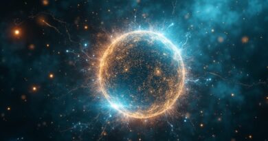 Holograficzny globus złotych i błękitnych równań fizyki rozpada się w cyfrowe cząsteczki w kosmicznej pustce.