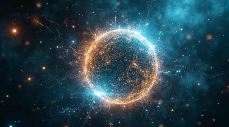 Holograficzny globus złotych i błękitnych równań fizyki rozpada się w cyfrowe cząsteczki w kosmicznej pustce.