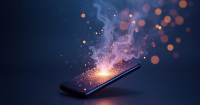 Minimalistyczny smartfon, ikony rozpadają się w eteryczne kule, granat i fiolet.