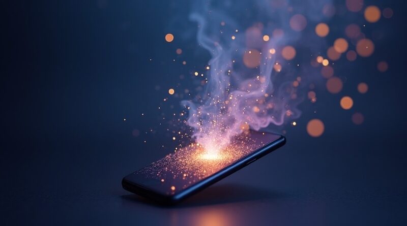 Minimalistyczny smartfon, ikony rozpadają się w eteryczne kule, granat i fiolet.