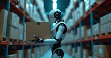 Humanoid robot precyzyjnie układa pudła w magazynie w niebiesko-srebrnym świetle.