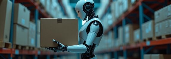 Humanoid robot precyzyjnie układa pudła w magazynie w niebiesko-srebrnym świetle.