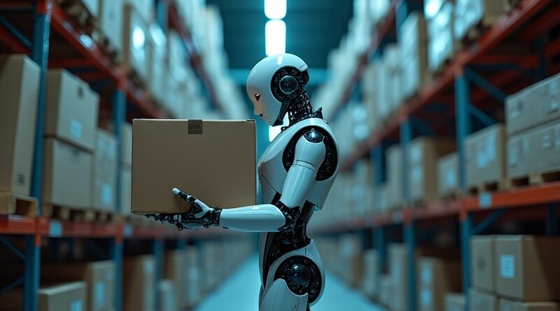 Humanoid robot precyzyjnie układa pudła w magazynie w niebiesko-srebrnym świetle.