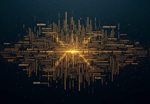 Glowing keyword tag cloud dissolves into geometric lattice, navy and gold, clarity from noise.