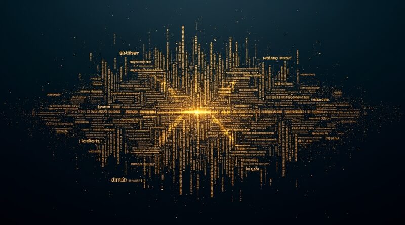 Glowing keyword tag cloud dissolves into geometric lattice, navy and gold, clarity from noise.