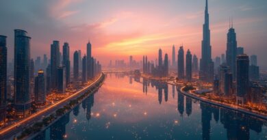 Futurystyczna panorama Dubaju o zachodzie słońca z świetlistymi kulami autonomicznych agentów przesyłających dane.