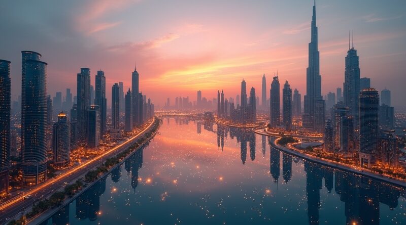 Futurystyczna panorama Dubaju o zachodzie słońca z świetlistymi kulami autonomicznych agentów przesyłających dane.