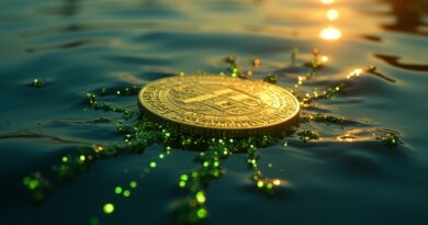 Rozbity złoty token w ciemnej wodzie, z pęknięć wyrastają zielone kody.