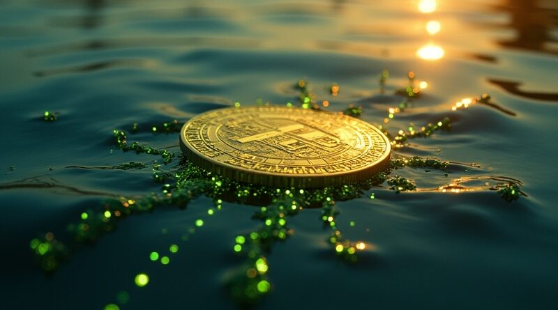 Rozbity złoty token w ciemnej wodzie, z pęknięć wyrastają zielone kody.