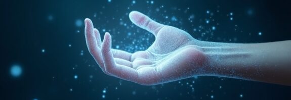 Przezroczysta dłoń rozpuszcza się w luminescencyjnej sieci neuronowej, symbolizującą autonomię medycznej AI.