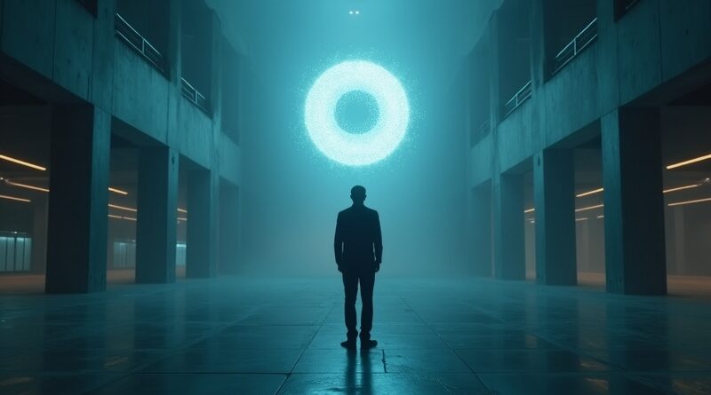 Pracownik w atrium przed hologramem oka AI, zimne niebieskie światło kontra ludzkie ciepło.