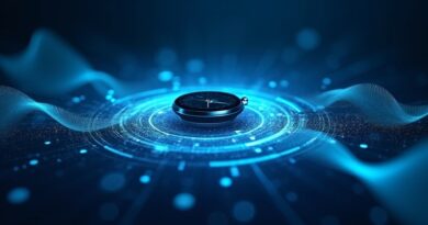 Smartwatch z AI analizuje biosygnały w czasie rzeczywistym wśród świetlistych fal danych.