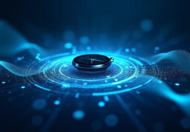 Smartwatch z AI analizuje biosygnały w czasie rzeczywistym wśród świetlistych fal danych.