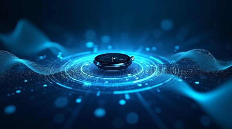 Smartwatch z AI analizuje biosygnały w czasie rzeczywistym wśród świetlistych fal danych.