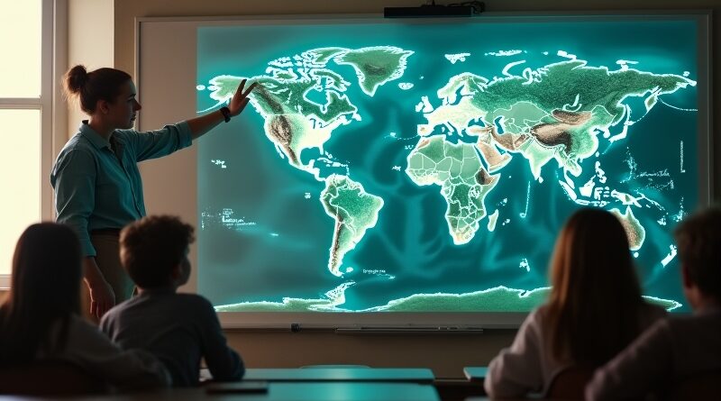 Nauczyciel wskazuje na glitchową holograficzną mapę, uczniowie przyglądają się jej z ciekawością.