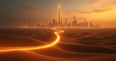 Światłowód na wydmach rozgałęzia się w świetliste drony nad futurystycznym Dubajem o zmierzchu.