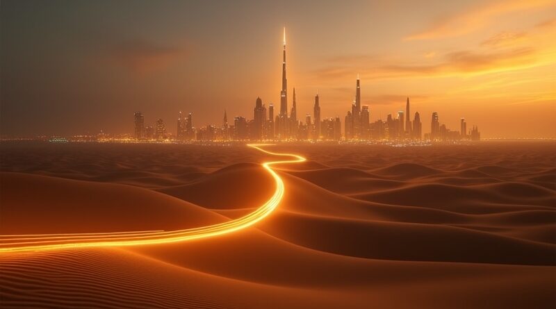 Światłowód na wydmach rozgałęzia się w świetliste drony nad futurystycznym Dubajem o zmierzchu.