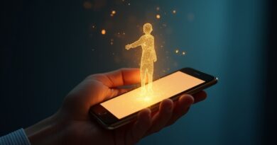 Złoty smartfon w dłoni, fale głosu przechodzą w sylwetkę AI, bankowość głosowa