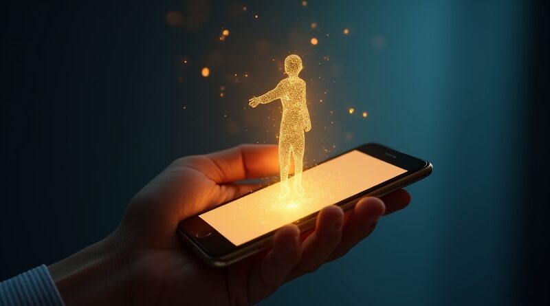 Złoty smartfon w dłoni, fale głosu przechodzą w sylwetkę AI, bankowość głosowa
