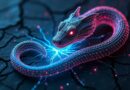 Mechaniczny wąż z neonową nicią kodu naprawia pęknięty interfejs strony.