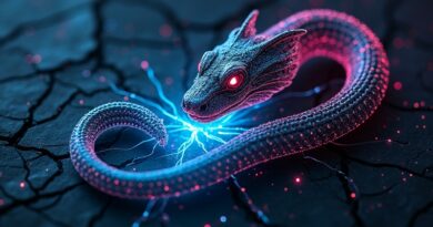 Mechaniczny wąż z neonową nicią kodu naprawia pęknięty interfejs strony.