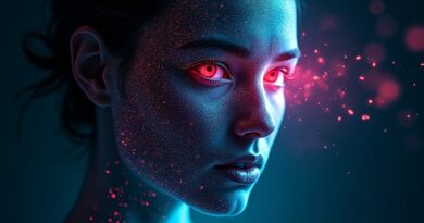 Twarz rozpuszcza się w cyfrowe piksele z przezroczystym stemplem AI-generated