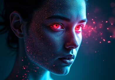 Twarz rozpuszcza się w cyfrowe piksele z przezroczystym stemplem AI-generated