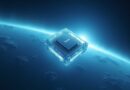 Świecący procesor NVIDIA Vera w kryształowej ramie satelity na orbicie Ziemi, błękitna zorza.