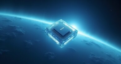 Świecący procesor NVIDIA Vera w kryształowej ramie satelity na orbicie Ziemi, błękitna zorza.
