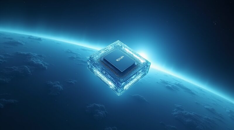 Świecący procesor NVIDIA Vera w kryształowej ramie satelity na orbicie Ziemi, błękitna zorza.