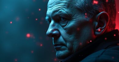 Fotorealistyczny portret polityka rozpadający się na błyszczące piksele w błękicie i czerwieni.