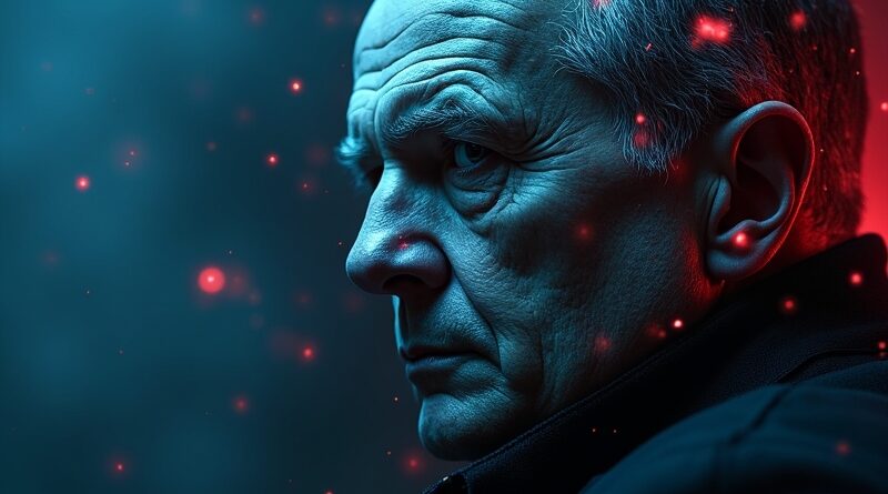Fotorealistyczny portret polityka rozpadający się na błyszczące piksele w błękicie i czerwieni.