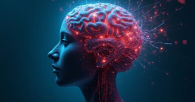 Neonowy mózg z obwodami, niszczarka wewnątrz tnie listę instrukcji, błękit i czerwień, dystopia.