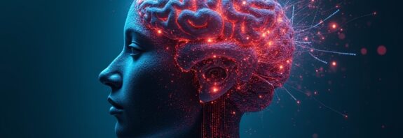 Neonowy mózg z obwodami, niszczarka wewnątrz tnie listę instrukcji, błękit i czerwień, dystopia.