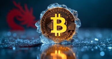 Pęknięty lodowy Bitcoin na zimnej siatce, czerwony cień smoka – kruchość kryptowaluty.