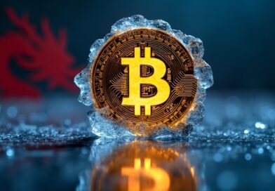 Pęknięty lodowy Bitcoin na zimnej siatce, czerwony cień smoka – kruchość kryptowaluty.